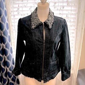 Size Medium denim jacket with grey and black animal print collar